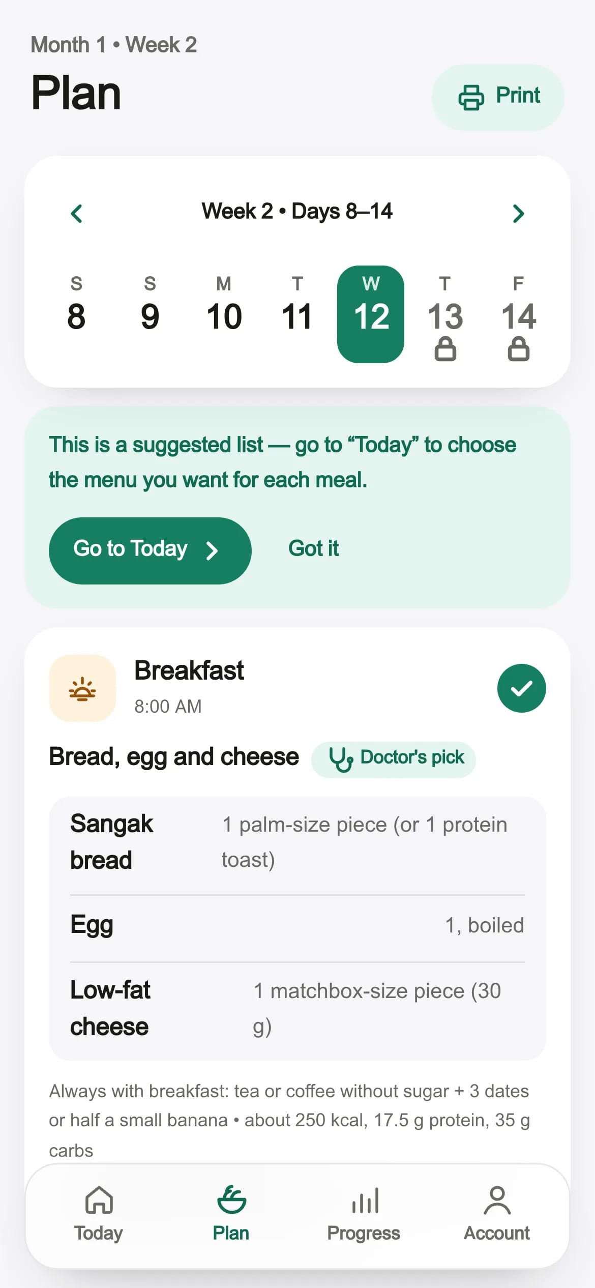 The Plan tab in the Rejimist app: today's meals with the doctor's options