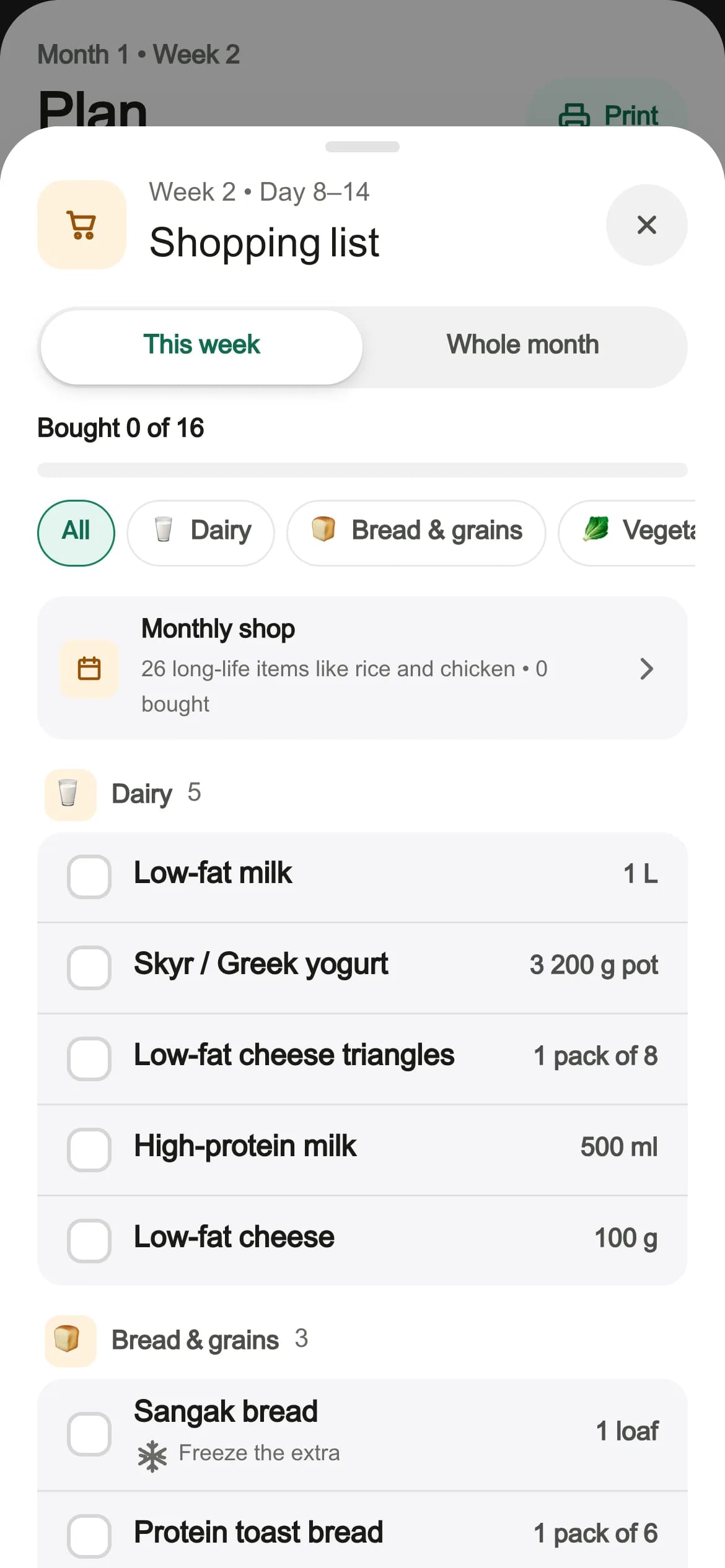 The weekly shopping list in the Rejimist app