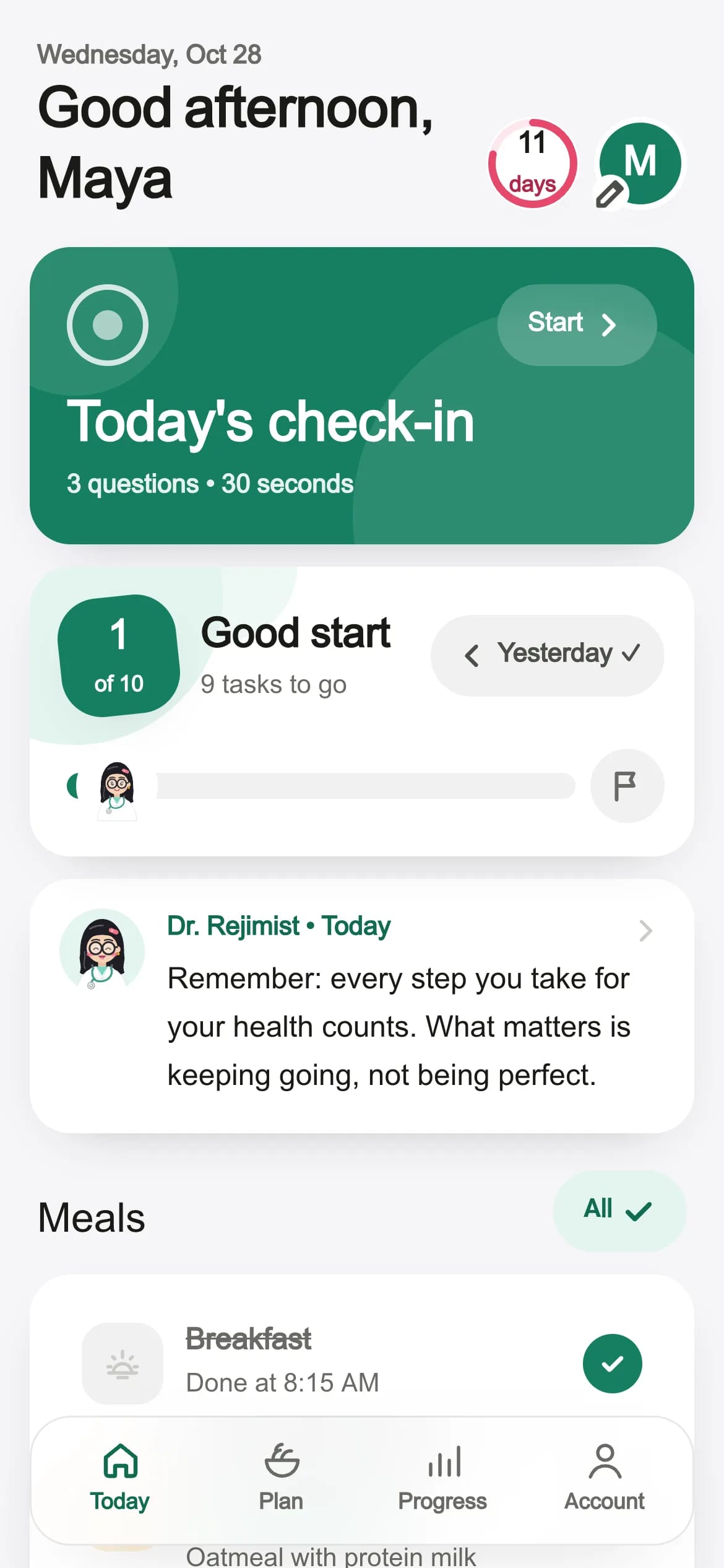 The Today screen in the Rejimist app